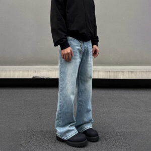 Men's Retro Whisker Washed Blue Straight Jeans