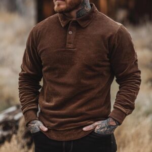 Retro Solid Color Corduroy Polo Collar Long Sleeve Sweatshirt