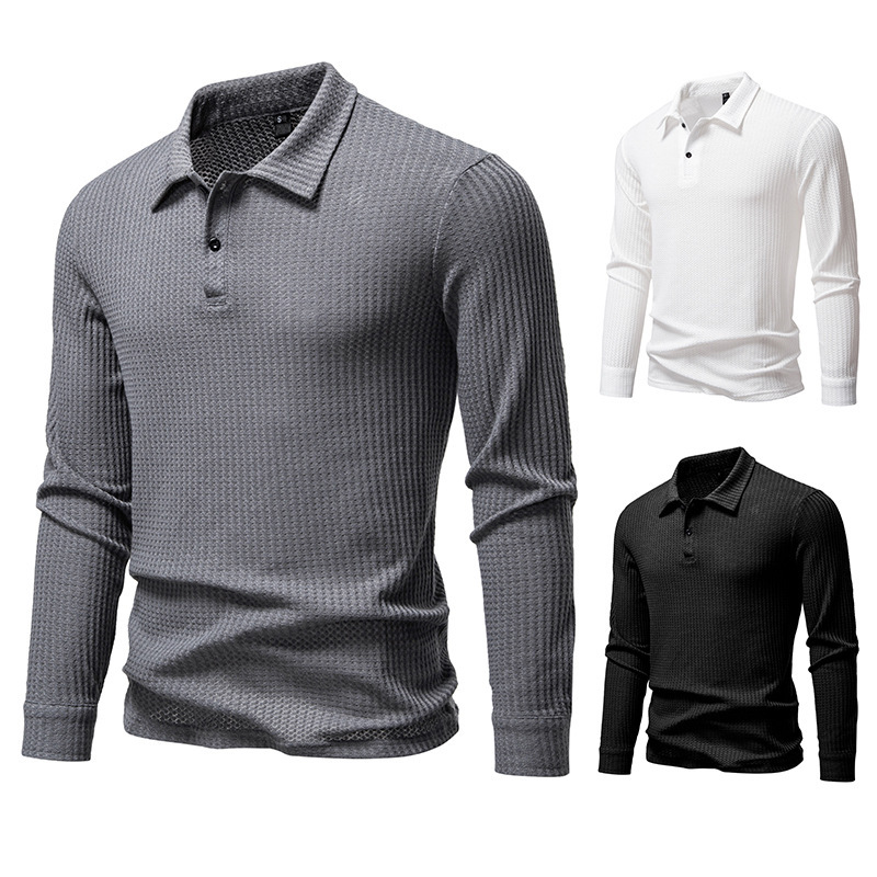 New Men's Walf Checks Fabric Long Sleeve Lapel T-shirt - Image 3