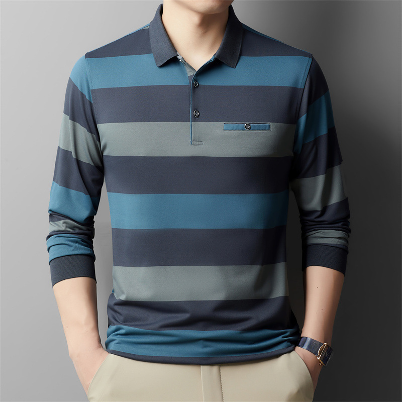 Fashion Colorblock Striped Long Sleeve Lapel T-shirt - Image 5