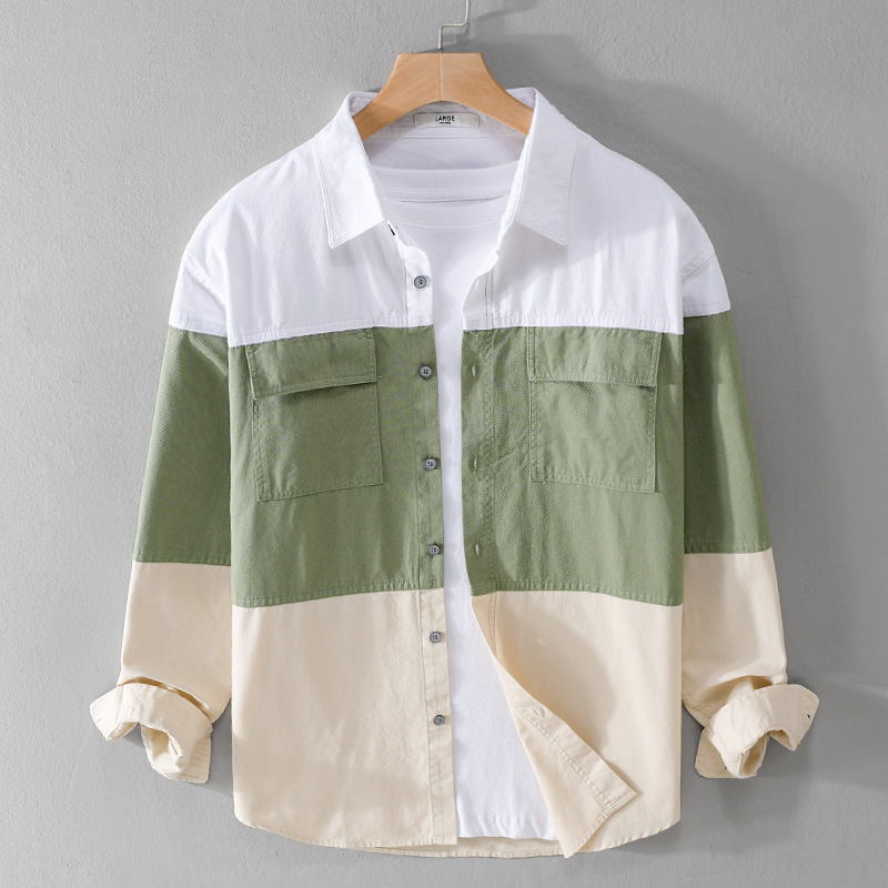 Cotton Long Sleeve Stitching Casual Men's Clothing Shirt - Image 5