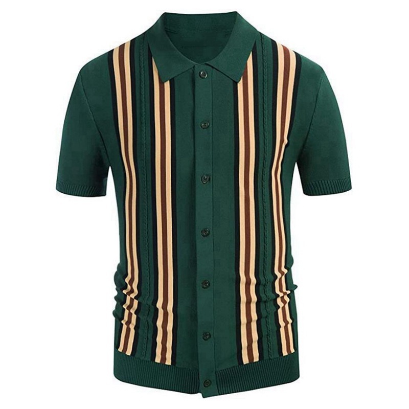 Green Striped Short Sleeve Slim Fit Business Sweater - Image 2