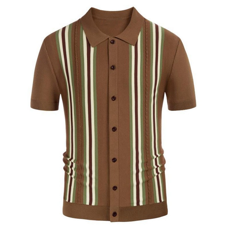 Green Striped Short Sleeve Slim Fit Business Sweater - Image 4