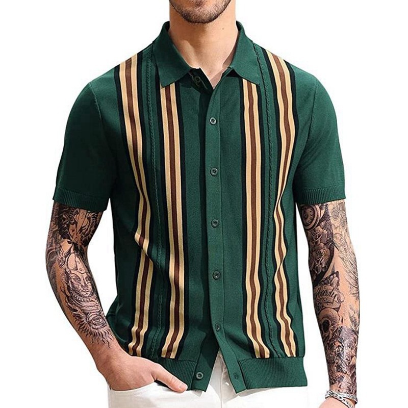 Green Striped Short Sleeve Slim Fit Business Sweater - Image 5