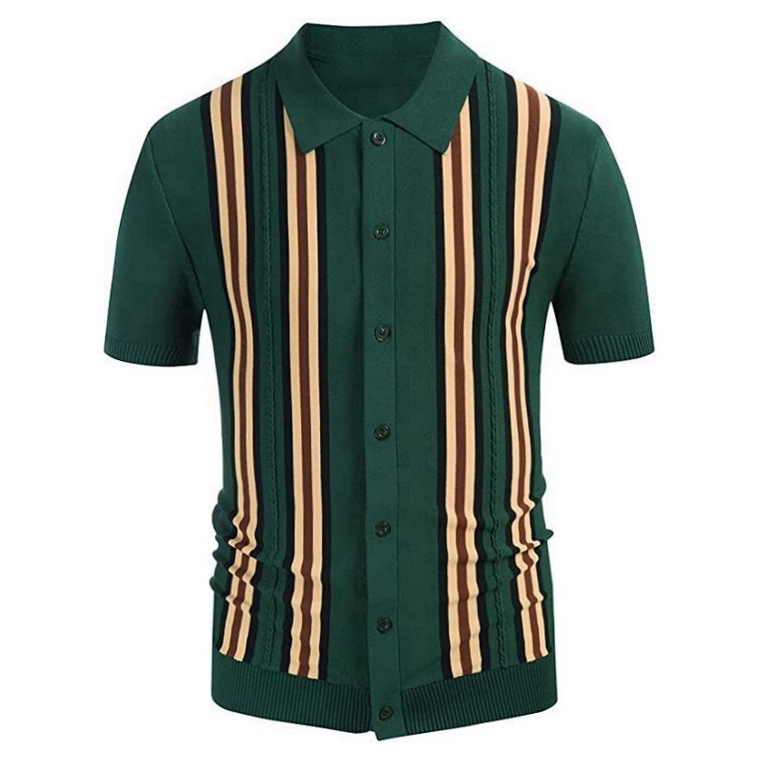 Green Striped Short Sleeve Slim Fit Business Sweater - Image 6