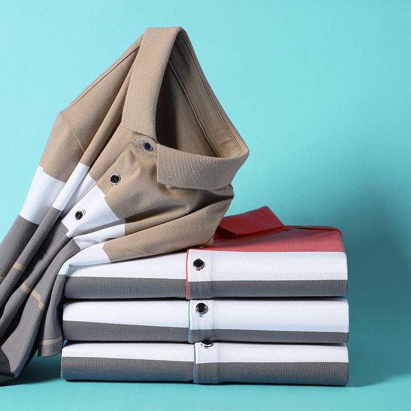 Cotton Striped Stitching Polo Shirt Men's High-end Light Business Striped T-shirt - Image 2