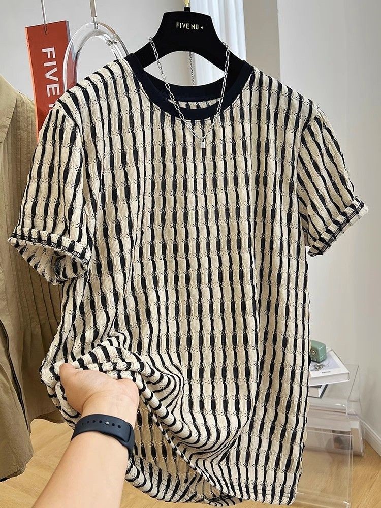 Men's Casual Loose Textile Short Sleeve Stripes - Image 6
