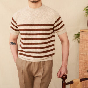 Linen Leisure Cotton Short Sleeve Round Neck Stripe Knitted T-shirt