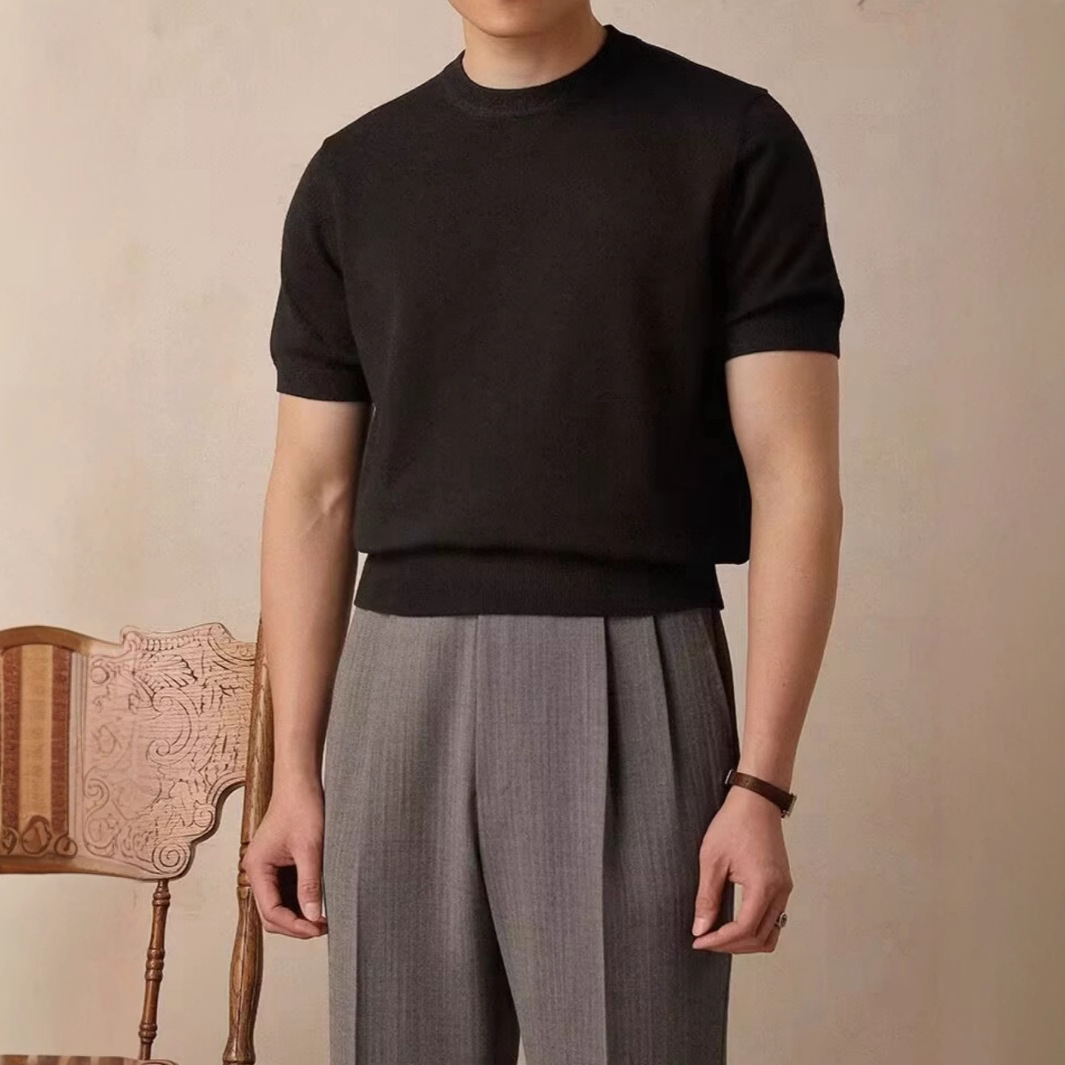 Round Neck Short Sleeve Knitted T-shirt - Image 3