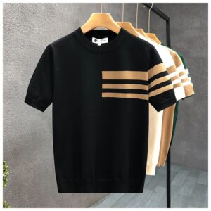 Trendy All-match Round Neck Knitted Short Sleeve Contrast Color Thin T-shirt