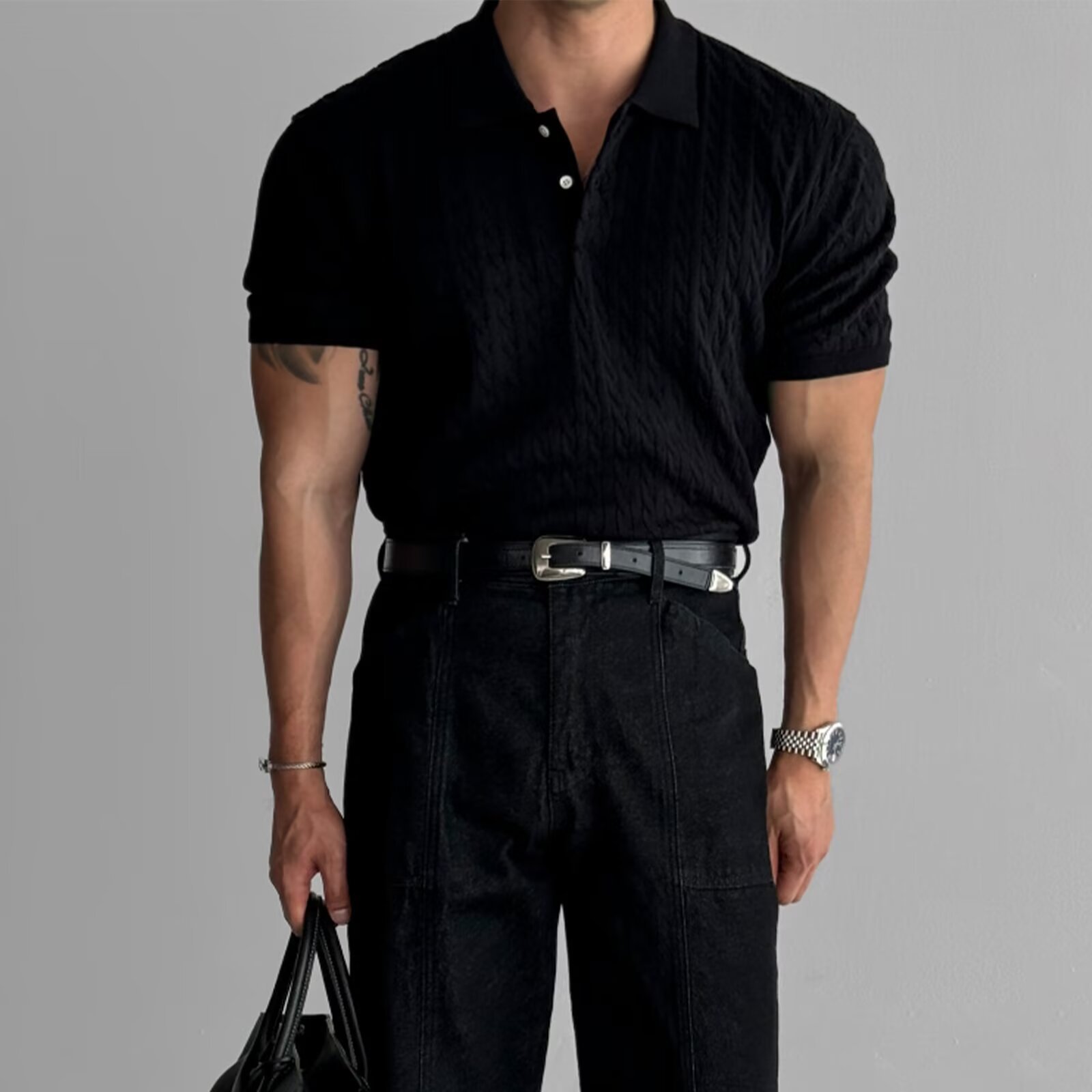 American Retro Hemp Pattern Lapel Men's T-shirt - Image 5