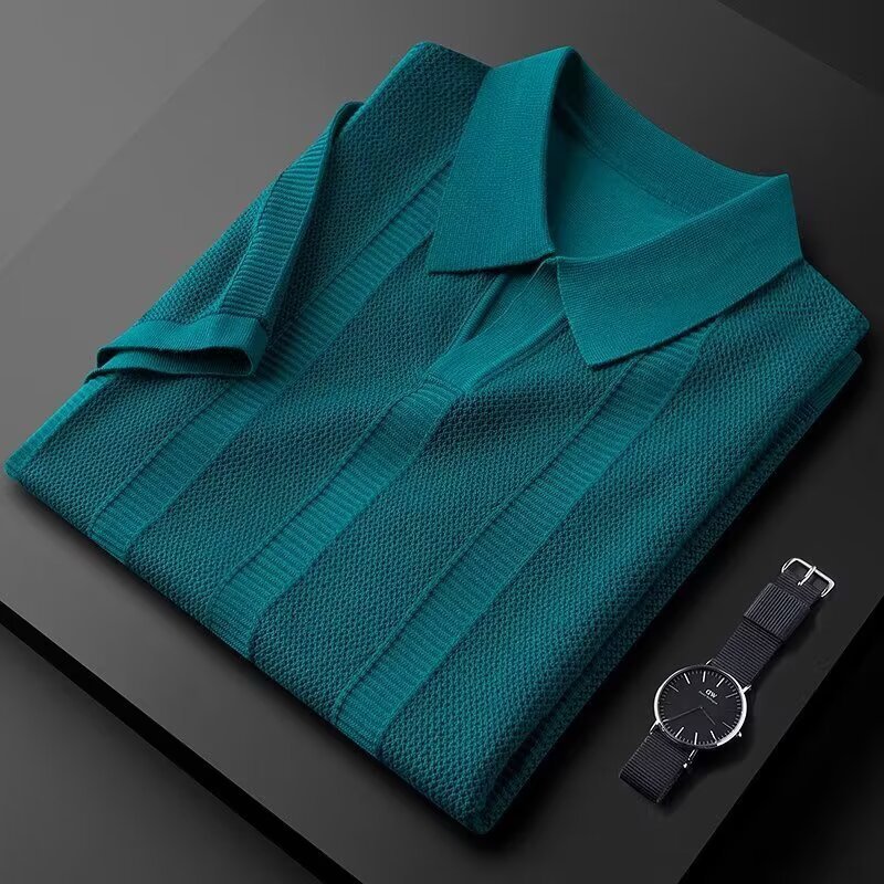 Slim Hollow Knitted Business Casual Men's Lapel T-shirt - Image 5