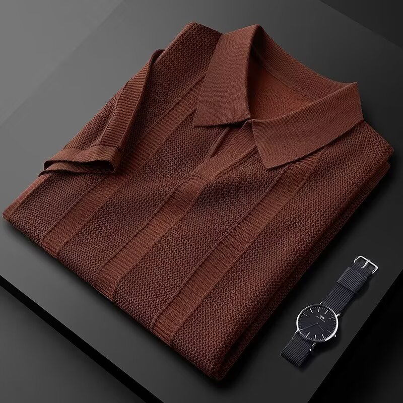 Slim Hollow Knitted Business Casual Men's Lapel T-shirt - Image 6