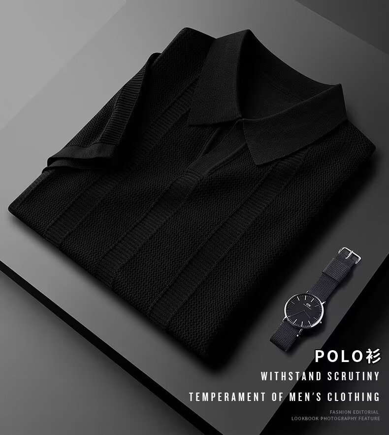Slim Hollow Knitted Business Casual Men's Lapel T-shirt - Image 8