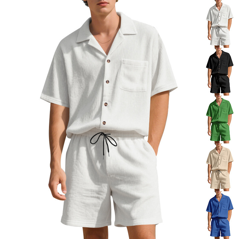 Summer Solid Color Vertical Stripes Short Sleeve Shorts