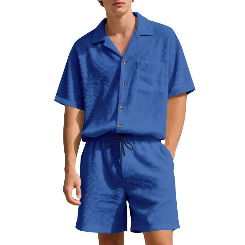 Summer Solid Color Vertical Stripes Short Sleeve Shorts - Image 2