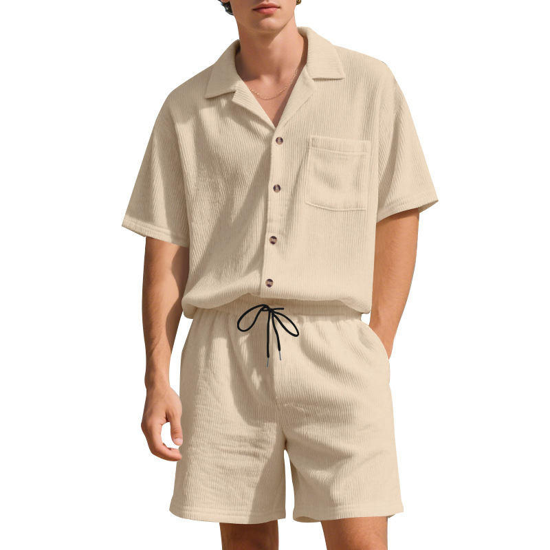 Summer Solid Color Vertical Stripes Short Sleeve Shorts - Image 3