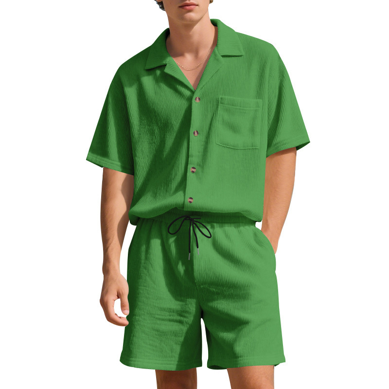 Summer Solid Color Vertical Stripes Short Sleeve Shorts - Image 4