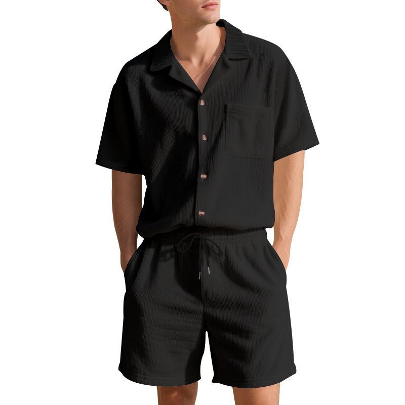 Summer Solid Color Vertical Stripes Short Sleeve Shorts - Image 7