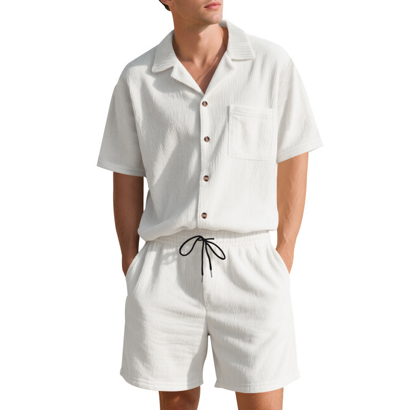 Summer Solid Color Vertical Stripes Short Sleeve Shorts - Image 8