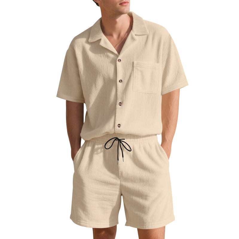 Summer Solid Color Vertical Stripes Short Sleeve Shorts - Image 9