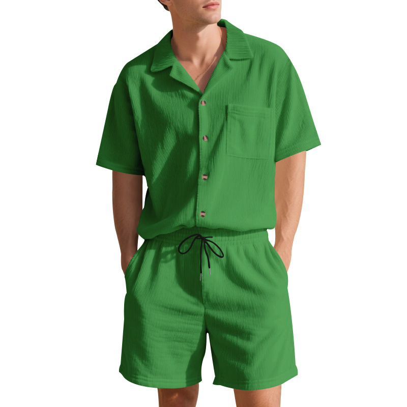 Summer Solid Color Vertical Stripes Short Sleeve Shorts - Image 10