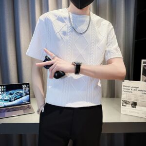 Rhombus Jacquard Personality Trend Summer Round Neck Half T-shirt