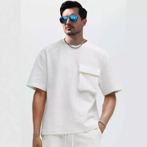 Men's Patch Pocket Champray Crew Neck Casual Loose 5-point Sleeve Top