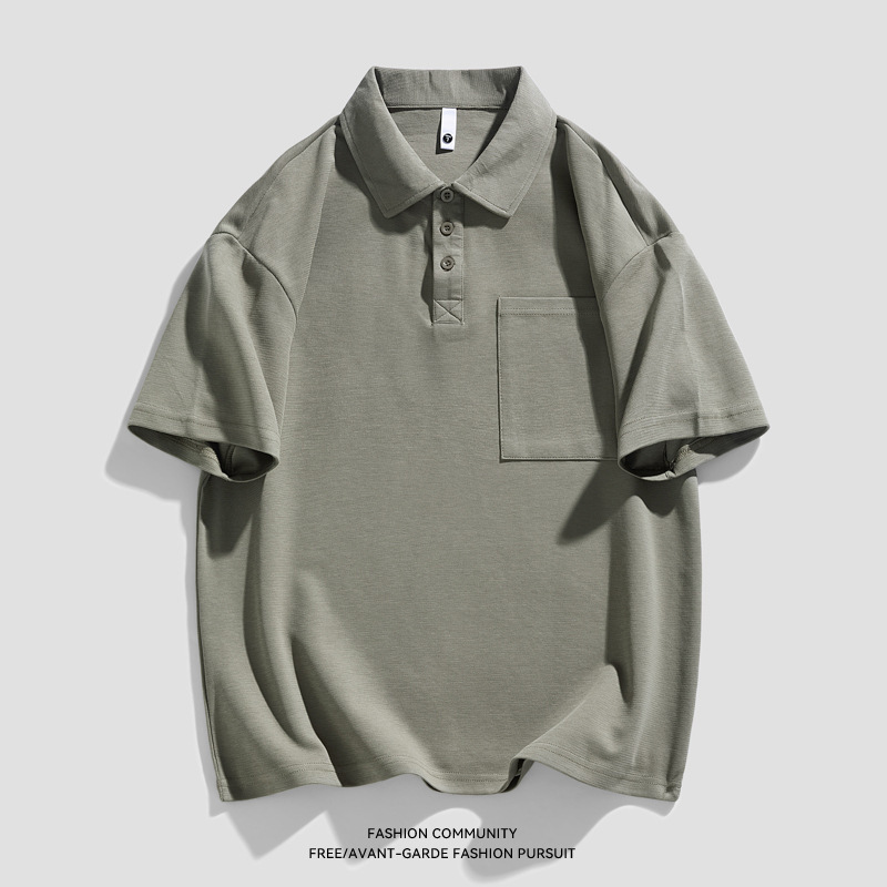 New Heavy Solid Color Pocket Polo Shirt Men's Elbow-sleeved Top Work Clothes - Image 2