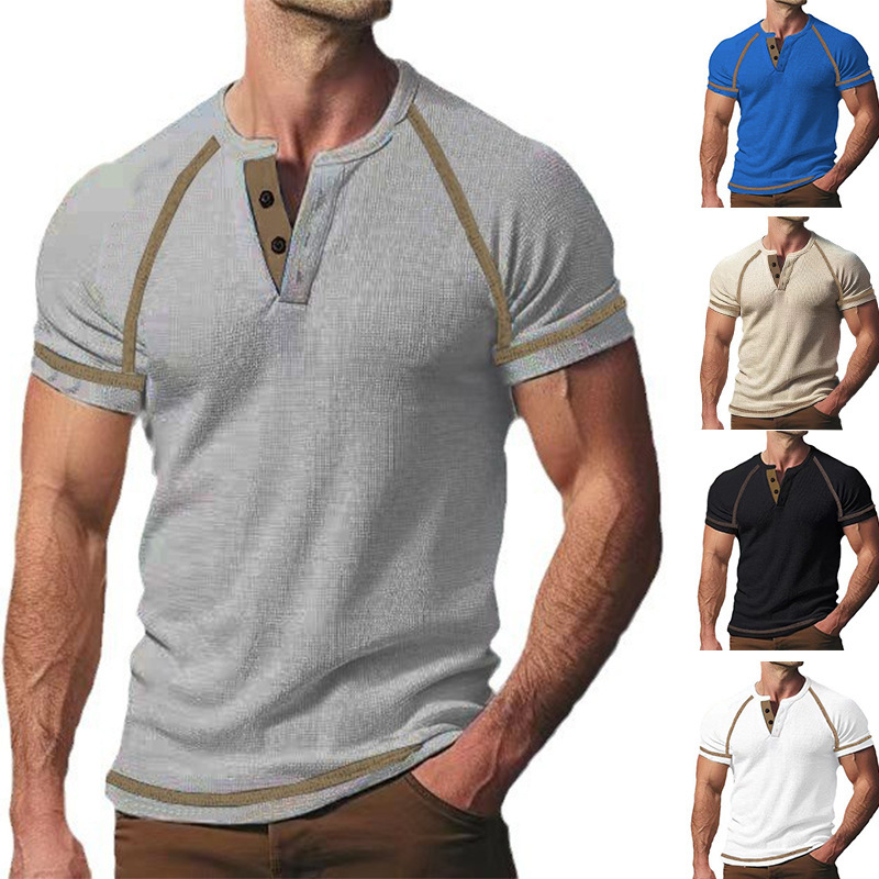 Round Neck Men's Heavy Waffle Casual Henry Short Sleeve - Image 2