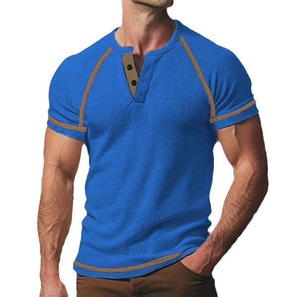 Round Neck Men's Heavy Waffle Casual Henry Short Sleeve - Image 3