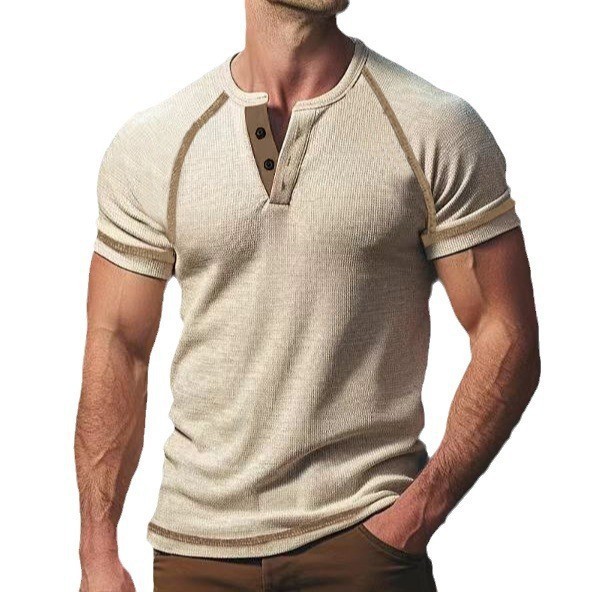 Round Neck Men's Heavy Waffle Casual Henry Short Sleeve - Image 4