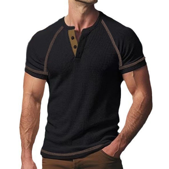 Round Neck Men's Heavy Waffle Casual Henry Short Sleeve - Image 5