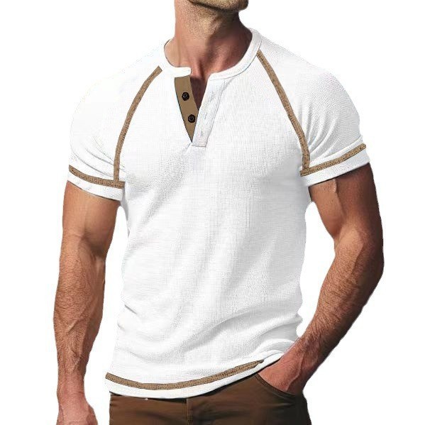 Round Neck Men's Heavy Waffle Casual Henry Short Sleeve - Image 6