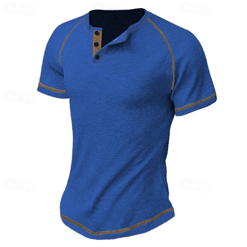 Round Neck Men's Heavy Waffle Casual Henry Short Sleeve - Image 8