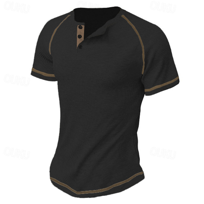 Round Neck Men's Heavy Waffle Casual Henry Short Sleeve - Image 9