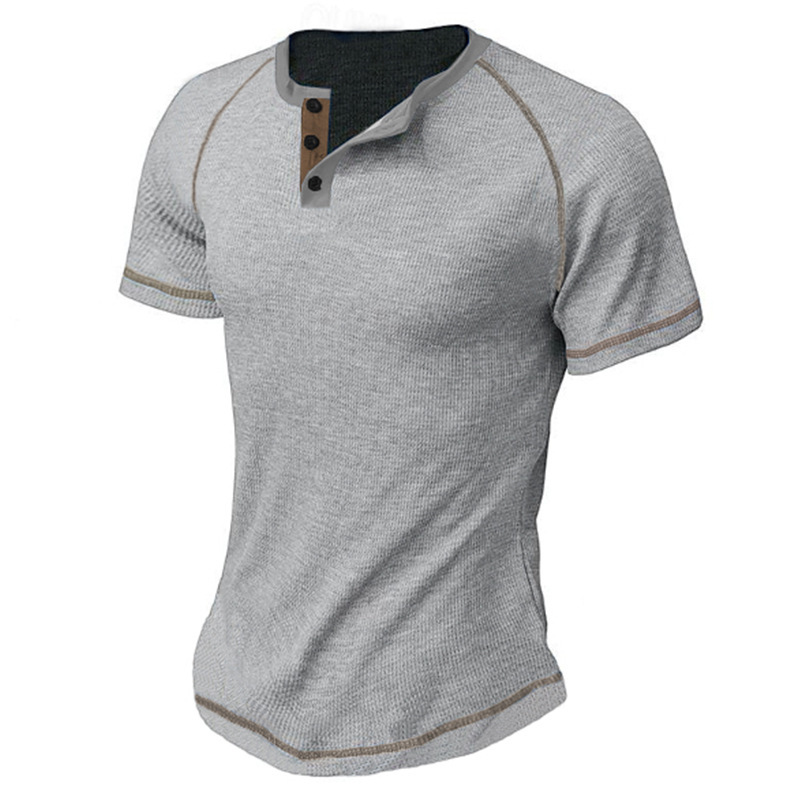Round Neck Men's Heavy Waffle Casual Henry Short Sleeve - Image 10
