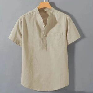 Casual Stand Collar Short Sleeve Solid Color Slub Linen Shirt Top