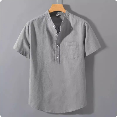 Casual Stand Collar Short Sleeve Solid Color Slub Linen Shirt Top - Image 2