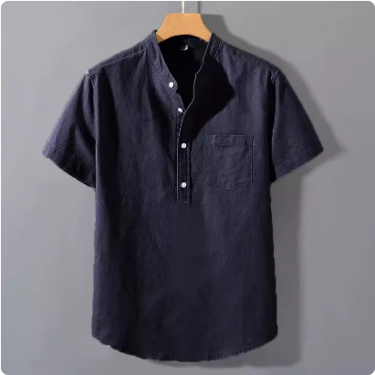 Casual Stand Collar Short Sleeve Solid Color Slub Linen Shirt Top - Image 3