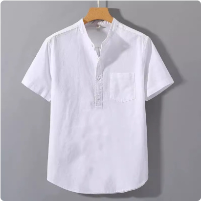 Casual Stand Collar Short Sleeve Solid Color Slub Linen Shirt Top - Image 4