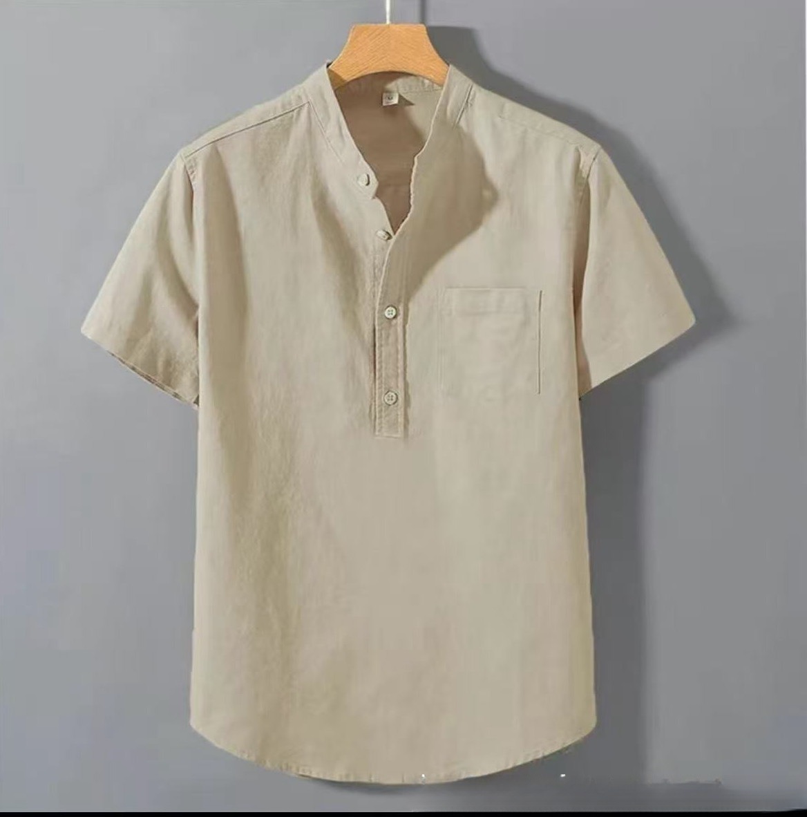 Casual Stand Collar Short Sleeve Solid Color Slub Linen Shirt Top - Image 5