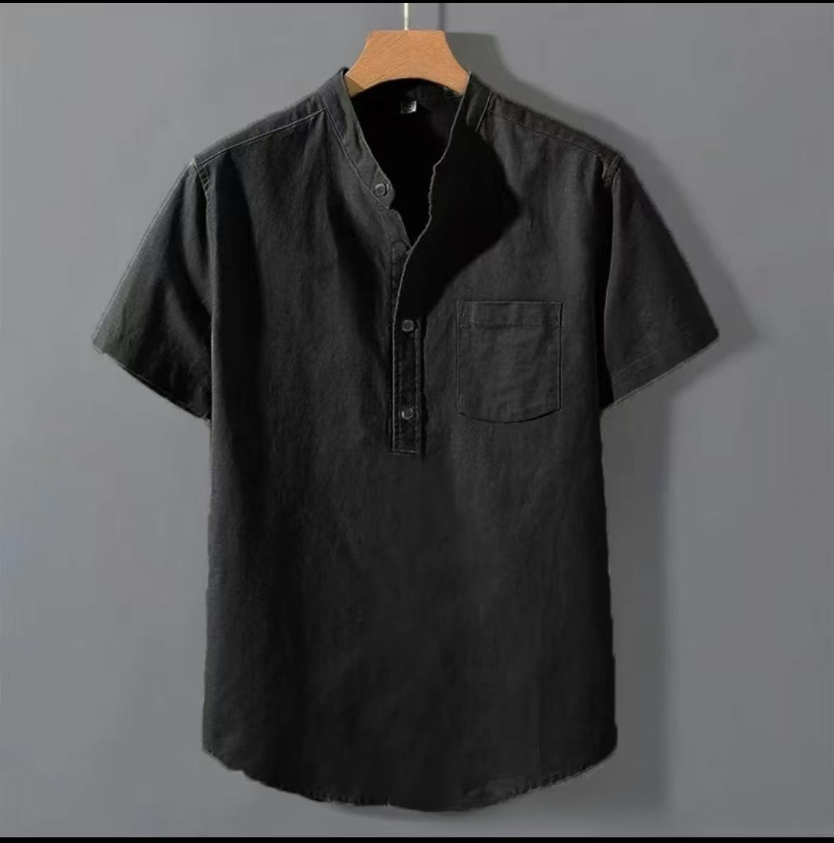 Casual Stand Collar Short Sleeve Solid Color Slub Linen Shirt Top - Image 6