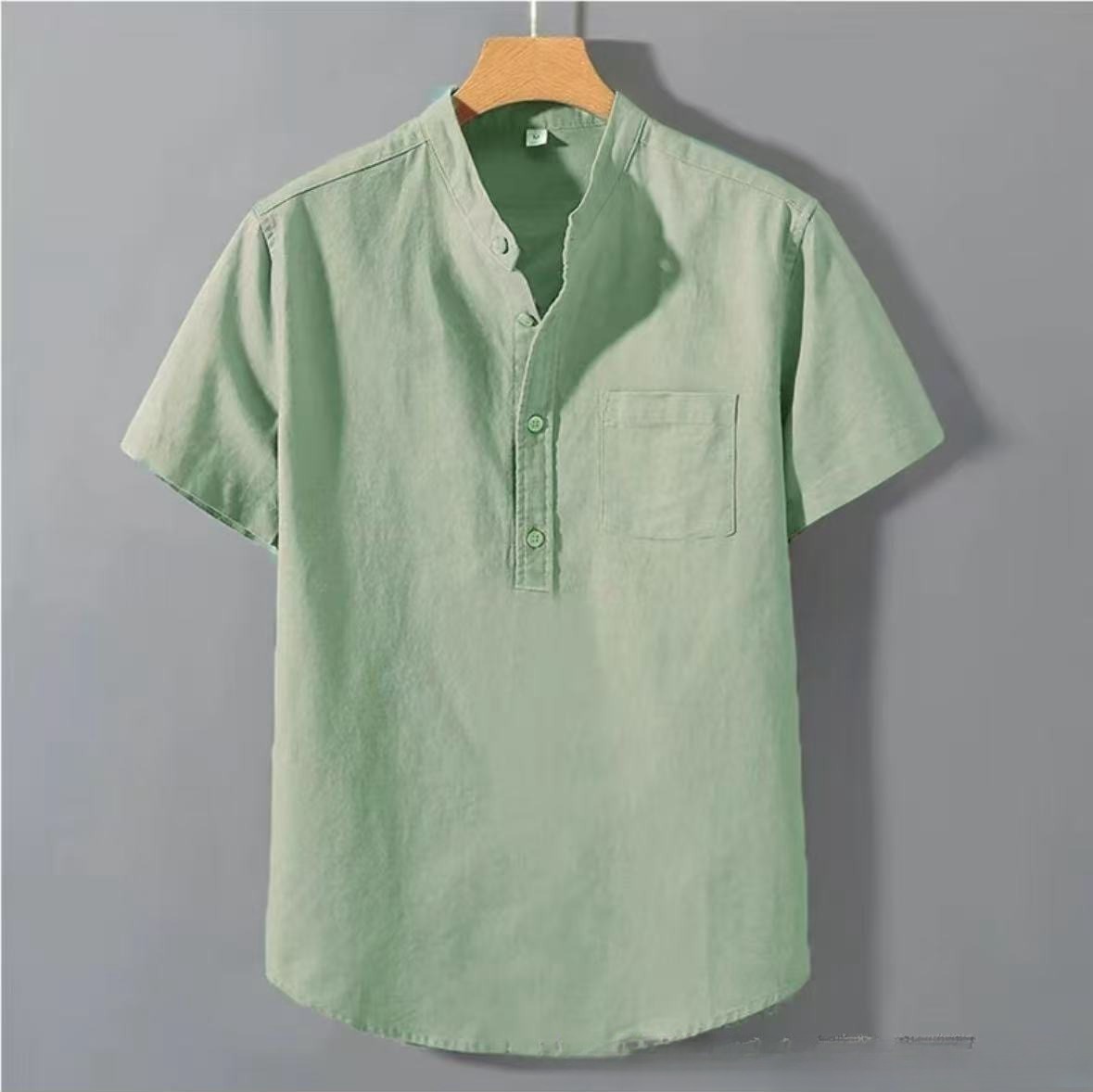 Casual Stand Collar Short Sleeve Solid Color Slub Linen Shirt Top - Image 7