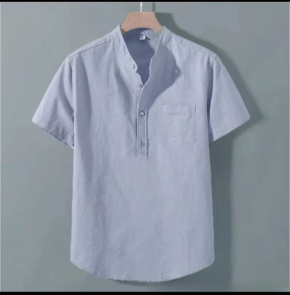 Casual Stand Collar Short Sleeve Solid Color Slub Linen Shirt Top - Image 8