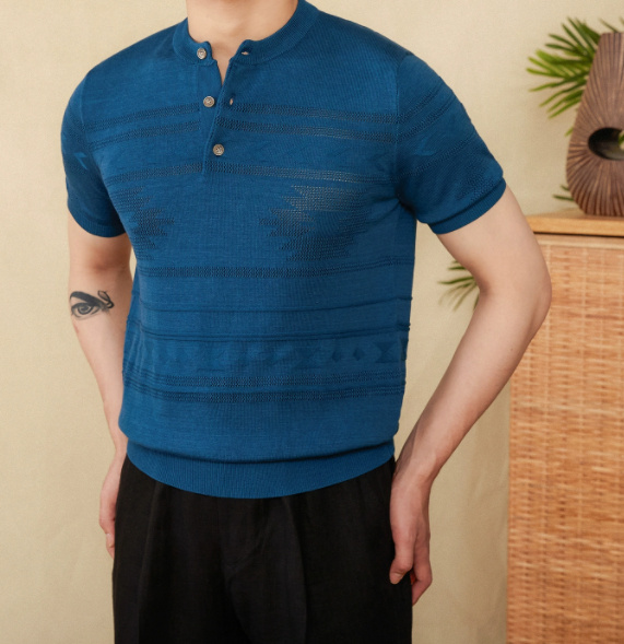 Knitted Henley Shirt American Retro Slim-fit Short Sleeve - Image 5