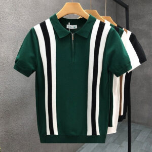 Contrast Color Lapels Half Zipper Knitted Short Sleeve