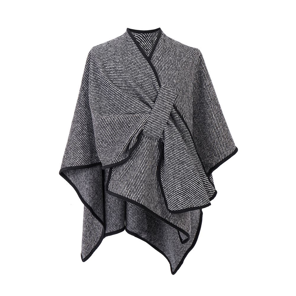 New Women's Black Buckle Striped Shawl - Image 4