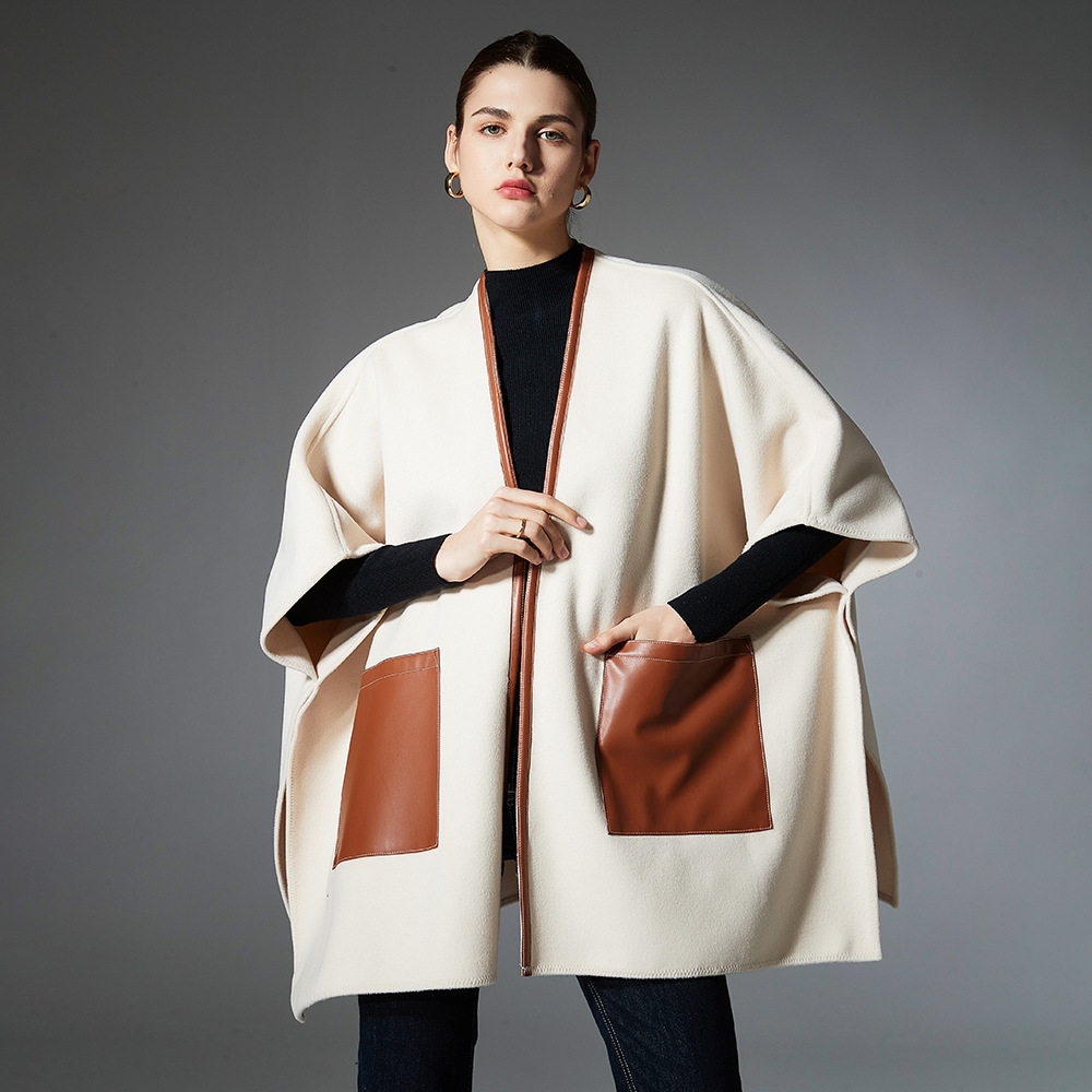 Autumn And Winter Creamy-white Leather Pocket Cross Shawl - Image 2