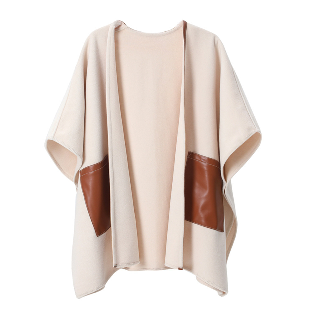 Autumn And Winter Creamy-white Leather Pocket Cross Shawl - Image 7